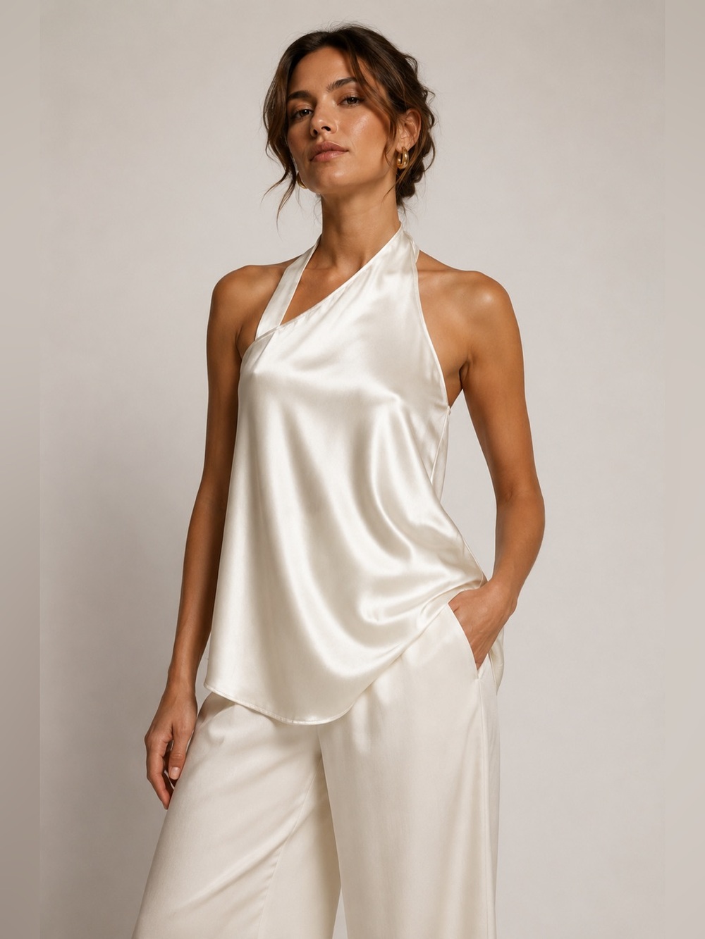 ZARA Satin Asymmetrical Halter Top Ivory Draped Open Back Minimalist M